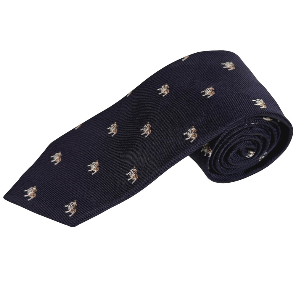 J.CREW Mens 100% Silk Necktie USA Bulldog Animal Print Navy Blue